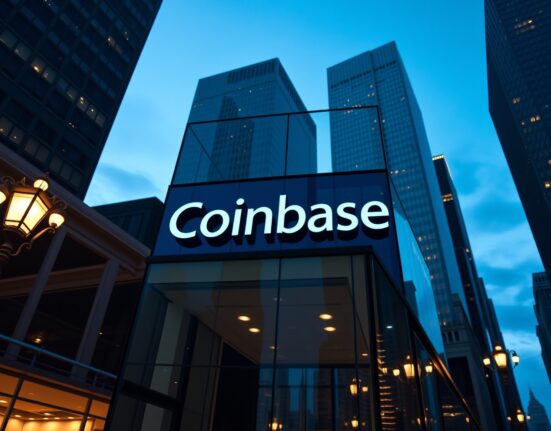 Coinbase office building with company logo at dusk in a financial district