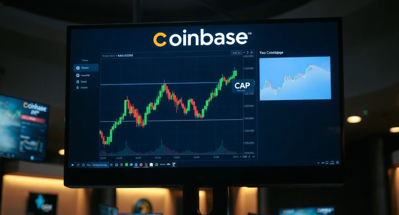 Coinbase trading interface showing CAP token on a candlestick chart in a professional newsroom setting.