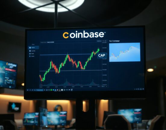Coinbase trading interface showing CAP token on a candlestick chart in a professional newsroom setting.