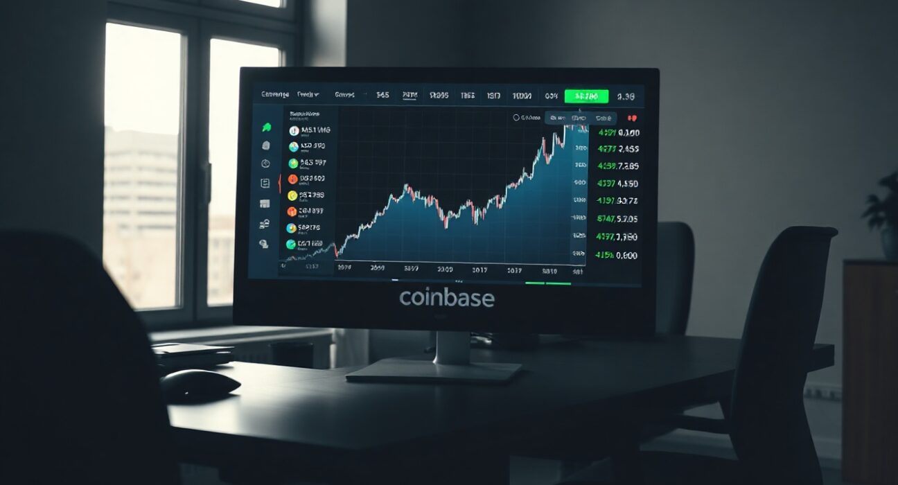 Coinbase exchange interface with cryptocurrency charts on a monitor in a modern trading office