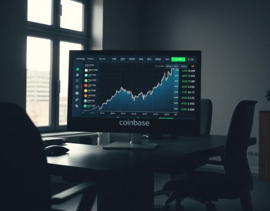 Coinbase exchange interface with cryptocurrency charts on a monitor in a modern trading office