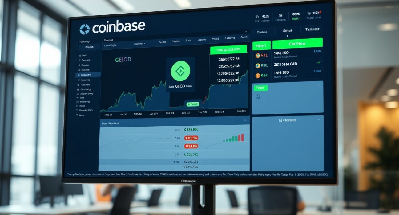 Coinbase trading interface displaying GEOD token symbol and charts in a professional office setting.