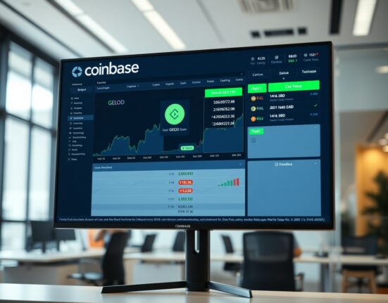 Coinbase trading interface displaying GEOD token symbol and charts in a professional office setting.