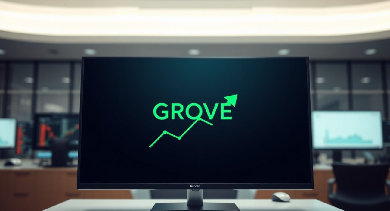 Digital exchange screen showing GROVE ticker symbol with positive trend