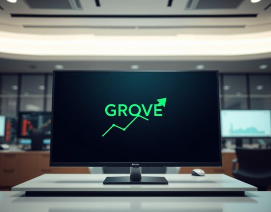 Digital exchange screen showing GROVE ticker symbol with positive trend