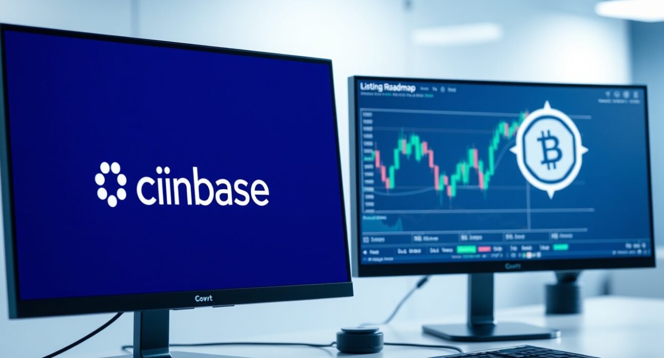 Trading desk with monitors showing Coinbase listing roadmap and GRVT token symbol