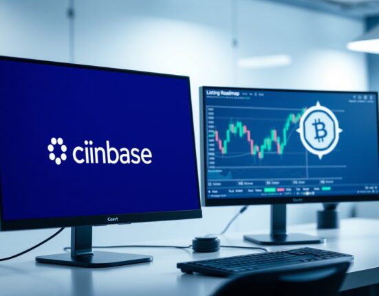 Trading desk with monitors showing Coinbase listing roadmap and GRVT token symbol