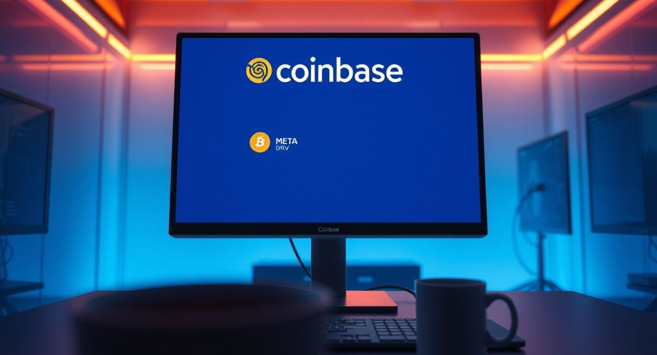 Coinbase trading interface showing META and DRV tokens on a monitor in a professional office setting.