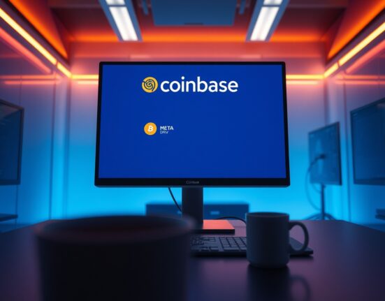 Coinbase trading interface showing META and DRV tokens on a monitor in a professional office setting.
