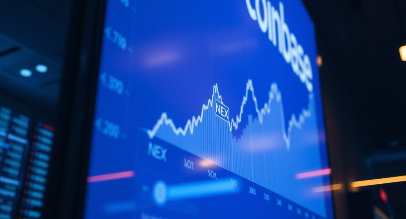 Digital exchange interface with NEX token highlighted on a screen in a modern trading floor setting.