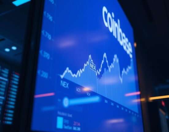 Digital exchange interface with NEX token highlighted on a screen in a modern trading floor setting.