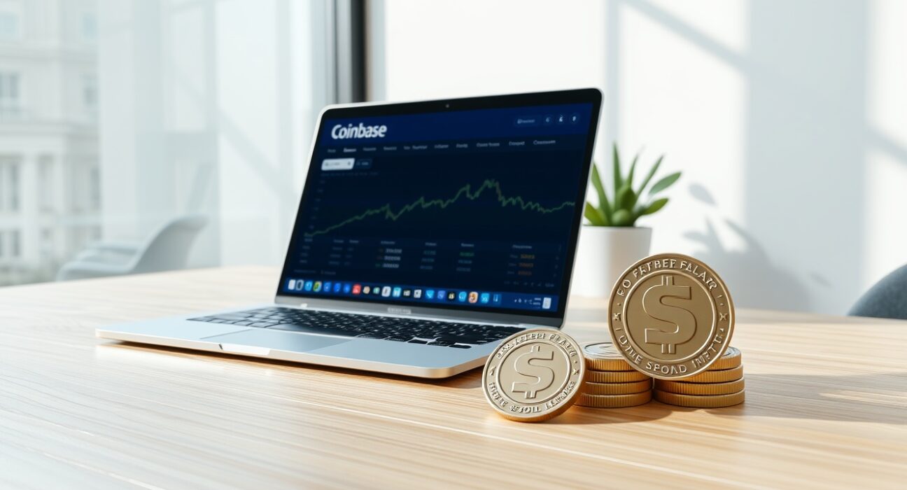 Coinbase laptop screen with Solana logo and USDC coins on desk