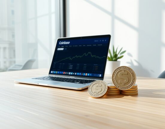 Coinbase laptop screen with Solana logo and USDC coins on desk