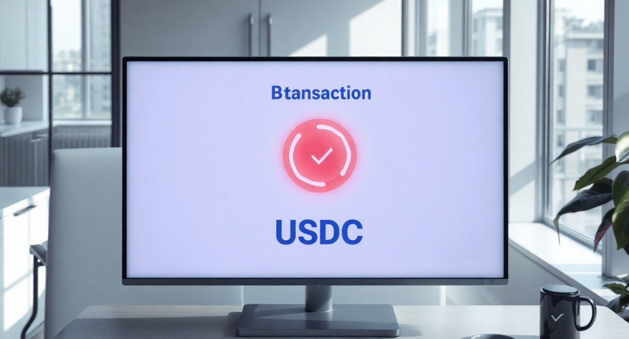 AI agent icon on a digital screen processing a USDC payment in a modern office setting.