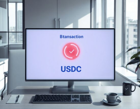 AI agent icon on a digital screen processing a USDC payment in a modern office setting.