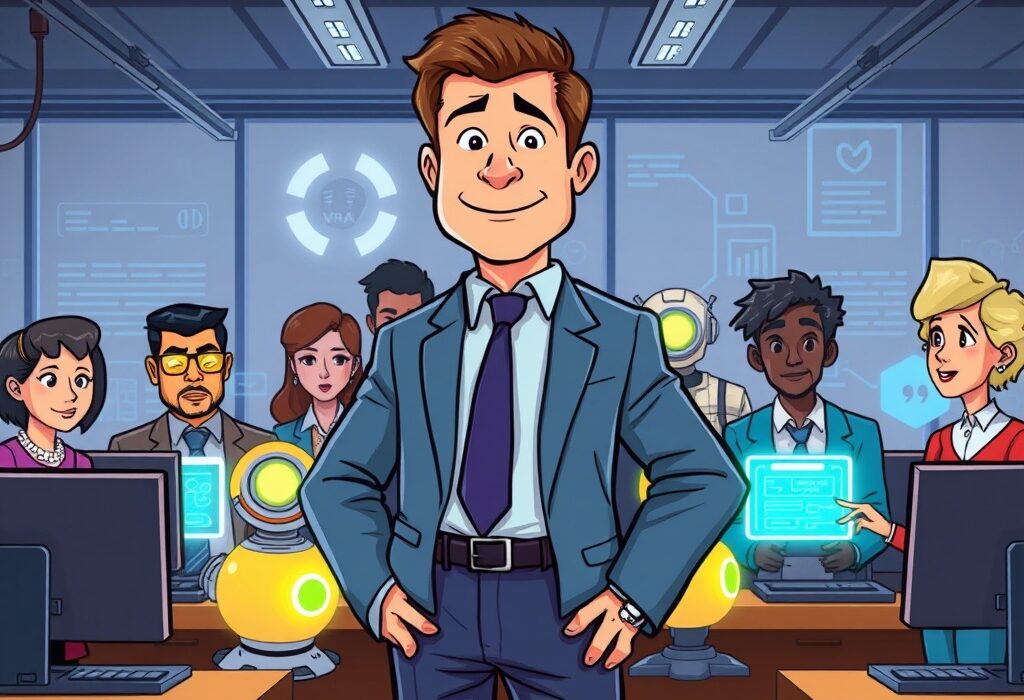 Cartoon depicting a CEO overseeing employees embracing AI tools, highlighting the strict Coinbase AI policy and its impact on workforce.