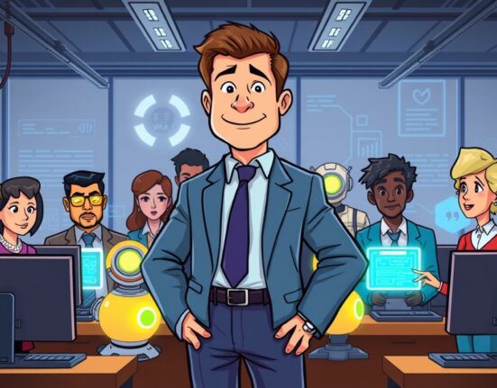 Cartoon depicting a CEO overseeing employees embracing AI tools, highlighting the strict Coinbase AI policy and its impact on workforce.