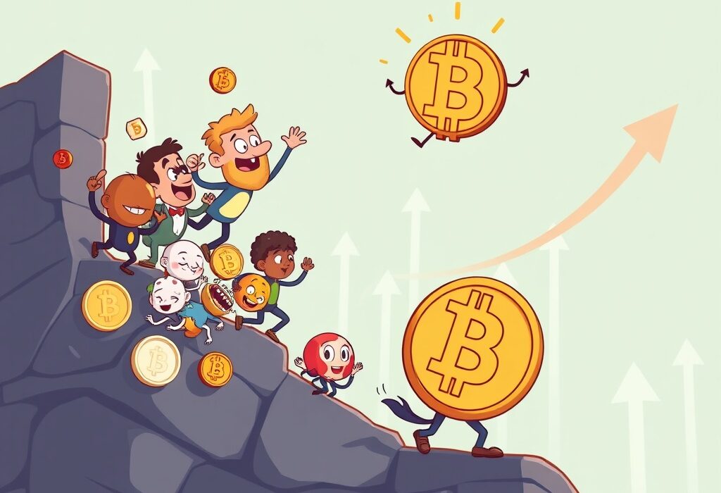 A cartoon illustration symbolizing the potential Altcoin Season with various altcoins rising as Bitcoin dominance shifts.