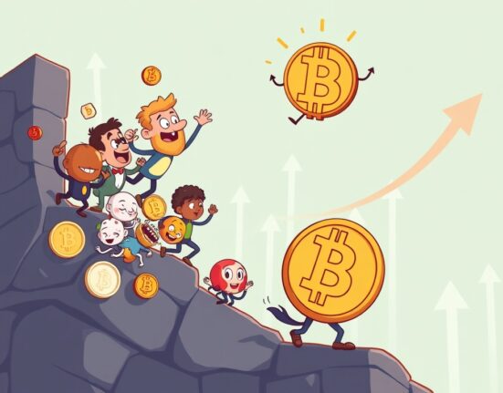 A cartoon illustration symbolizing the potential Altcoin Season with various altcoins rising as Bitcoin dominance shifts.