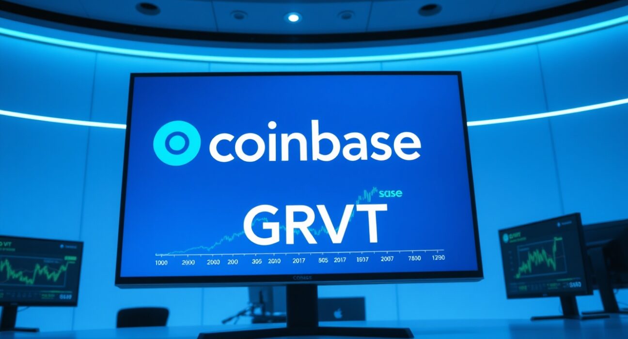 Coinbase logo and GRVT ticker on a digital trading screen in a professional newsroom setting