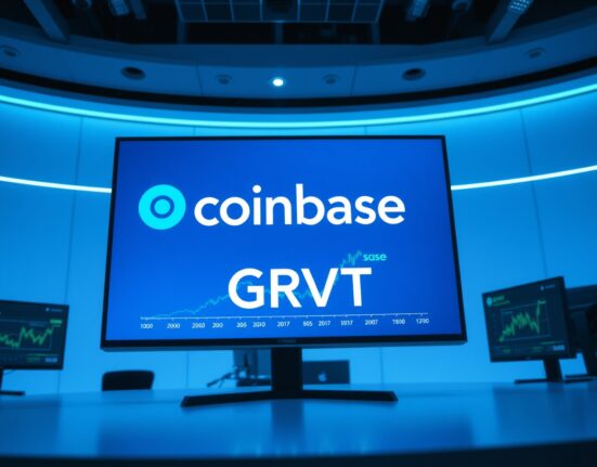 Coinbase logo and GRVT ticker on a digital trading screen in a professional newsroom setting