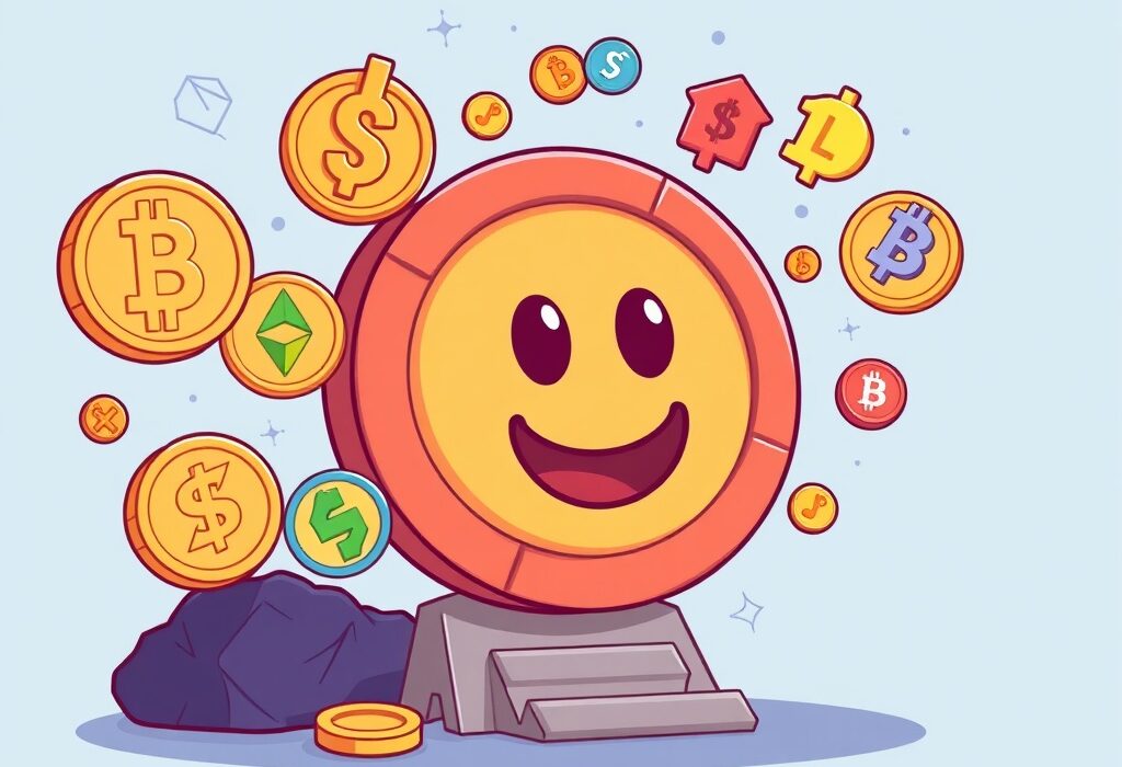 A cartoon illustration depicting new cryptocurrencies joining the Coinbase asset roadmap, symbolizing growth and expansion.