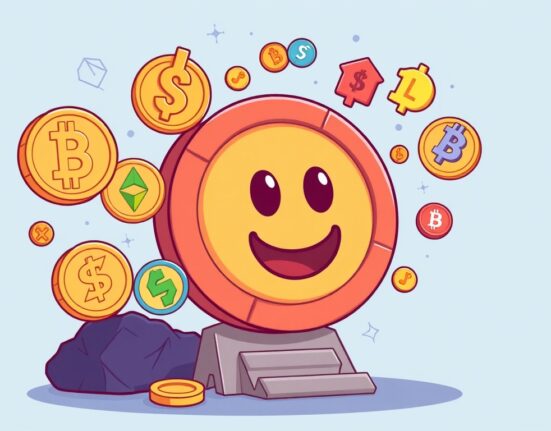 A cartoon illustration depicting new cryptocurrencies joining the Coinbase asset roadmap, symbolizing growth and expansion.