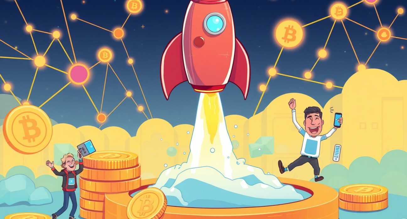 Coinbase Astar listing celebration with digital rocket launch and blockchain network connections