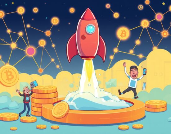 Coinbase Astar listing celebration with digital rocket launch and blockchain network connections