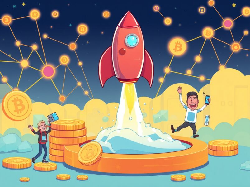 Coinbase Astar listing celebration with digital rocket launch and blockchain network connections