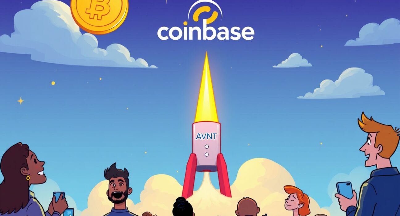 A cartoon illustration showing the excitement around the new Coinbase AVNT listing and the opportunities it presents for investors.