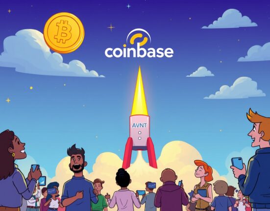 A cartoon illustration showing the excitement around the new Coinbase AVNT listing and the opportunities it presents for investors.