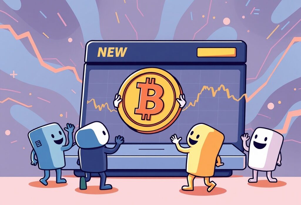 A cartoon image depicting a new crypto coin joining a trading platform, symbolizing the Coinbase AWE listing and new market opportunities.