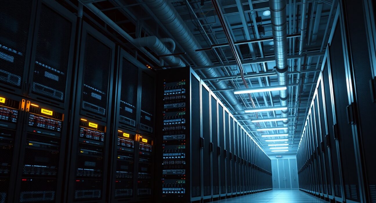 Data center interior with server racks and emergency lighting indicating a cooling system failure.