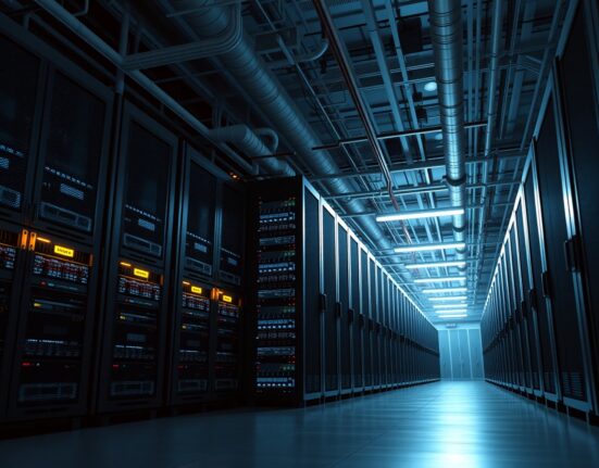 Data center interior with server racks and emergency lighting indicating a cooling system failure.