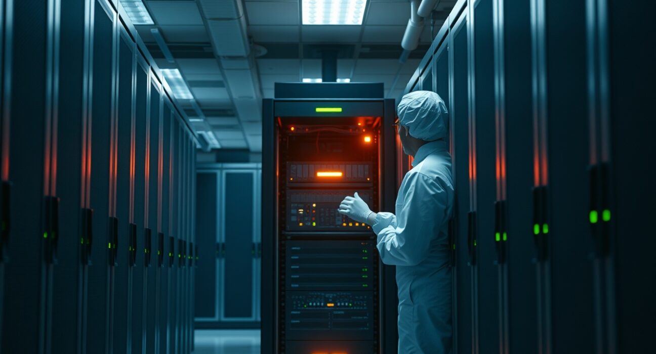 Data center server room with overheating server rack, technician inspecting equipment