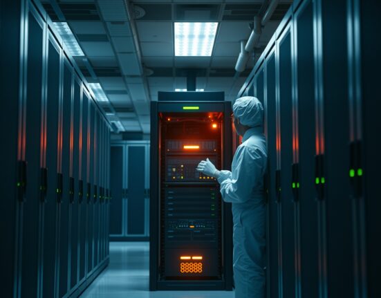 Data center server room with overheating server rack, technician inspecting equipment