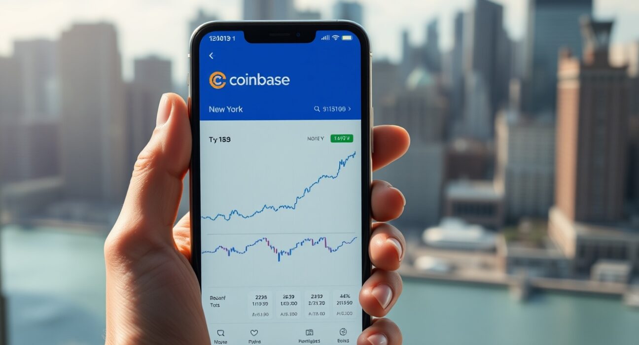 Person holding smartphone showing cryptocurrency trading interface with New York city skyline in background