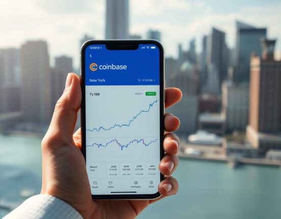 Person holding smartphone showing cryptocurrency trading interface with New York city skyline in background