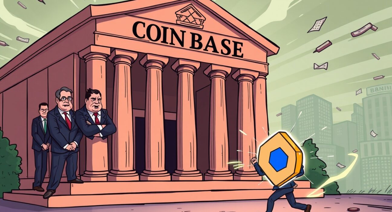 Cartoon showing traditional bankers opposing Coinbase's bank charter bid, highlighting regulatory friction in the crypto space.