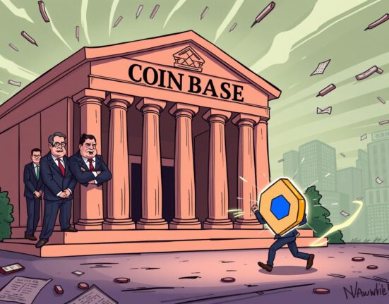 Cartoon showing traditional bankers opposing Coinbase's bank charter bid, highlighting regulatory friction in the crypto space.