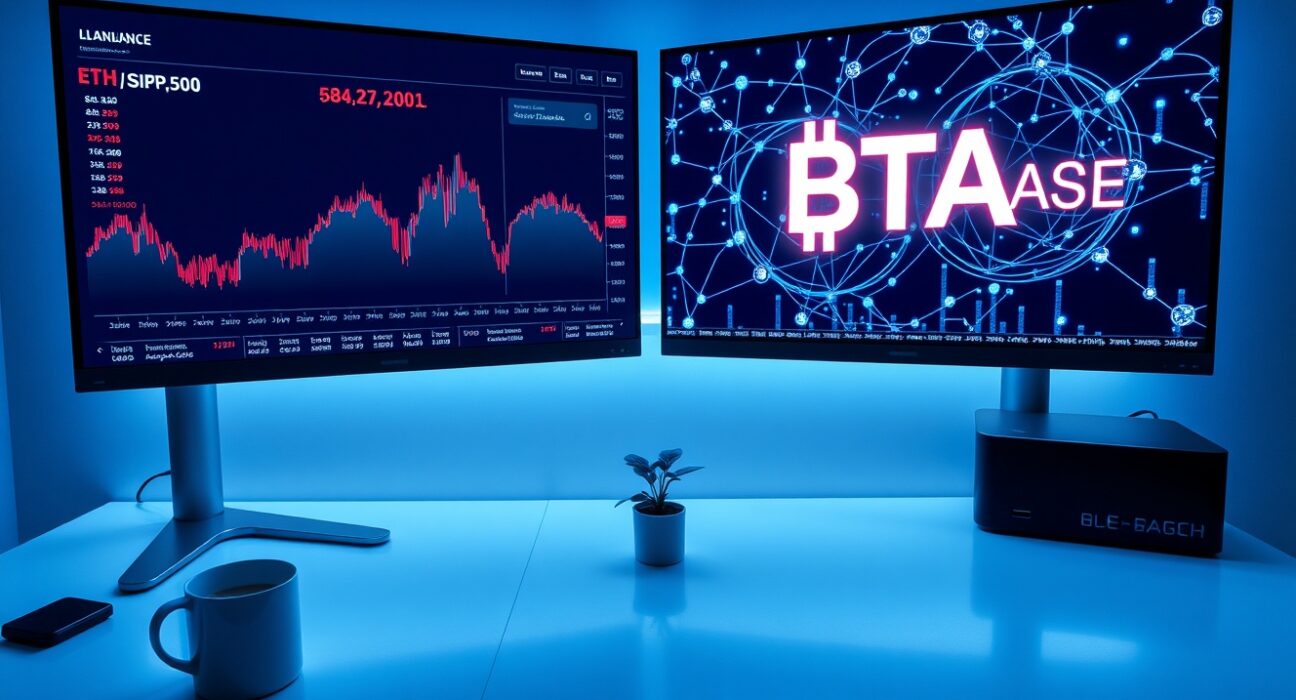 Modern trading desk with monitors showing stock market and blockchain network visualization