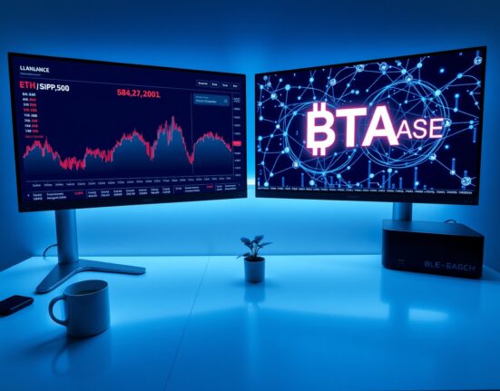 Modern trading desk with monitors showing stock market and blockchain network visualization
