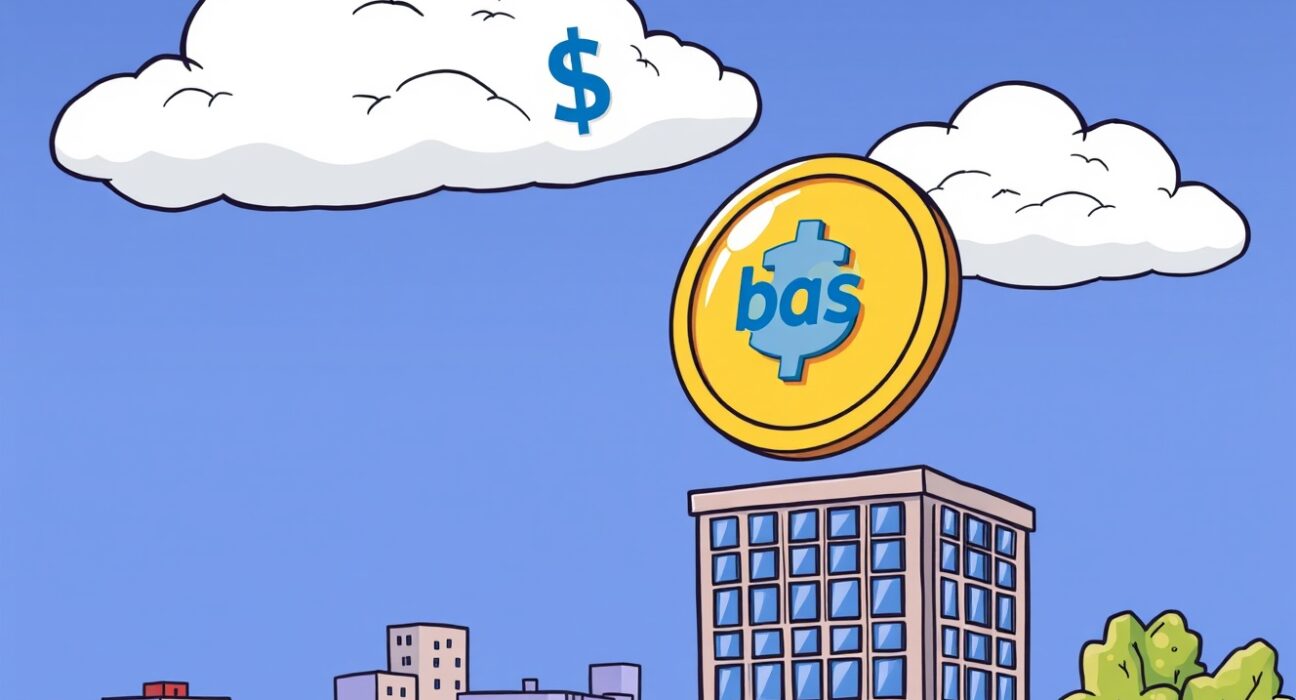 An illustration of the immense value a Coinbase Base token could generate for the exchange, soaring above a digital city.