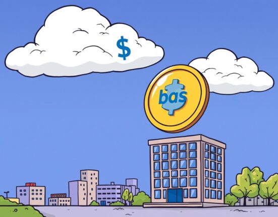 An illustration of the immense value a Coinbase Base token could generate for the exchange, soaring above a digital city.