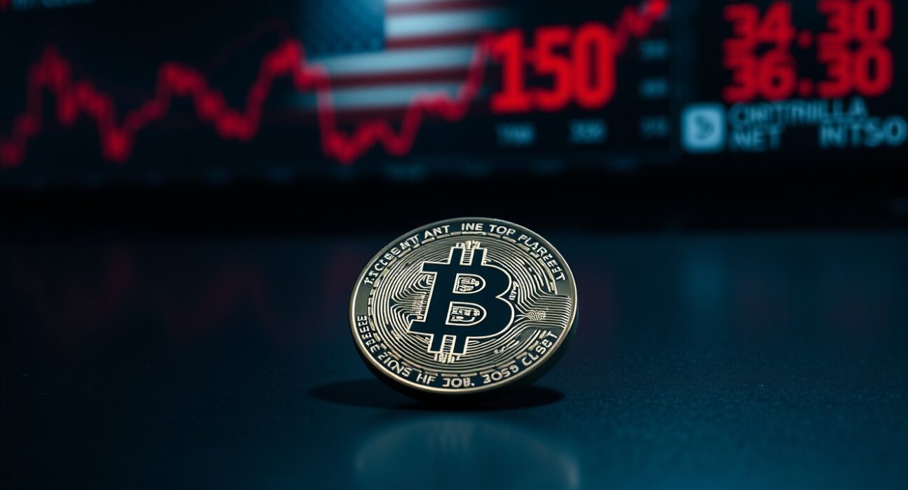 Bitcoin coin on reflective surface with blurred stock market ticker in background