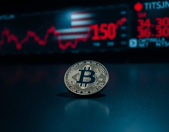Bitcoin coin on reflective surface with blurred stock market ticker in background