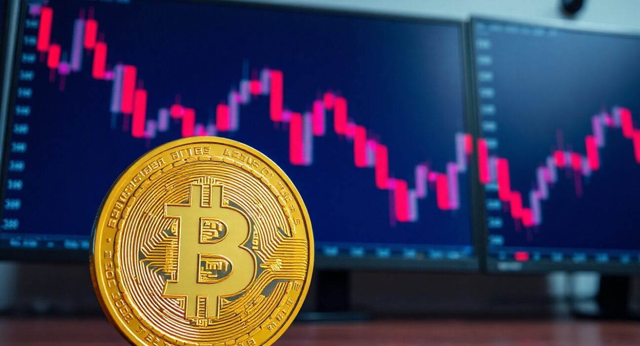 Bitcoin coin in front of a trading screen showing a declining price chart, symbolizing market risk-off sentiment.
