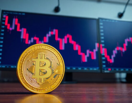Bitcoin coin in front of a trading screen showing a declining price chart, symbolizing market risk-off sentiment.