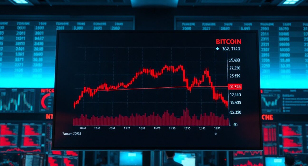 Bitcoin price chart on a trading screen showing a downward trend